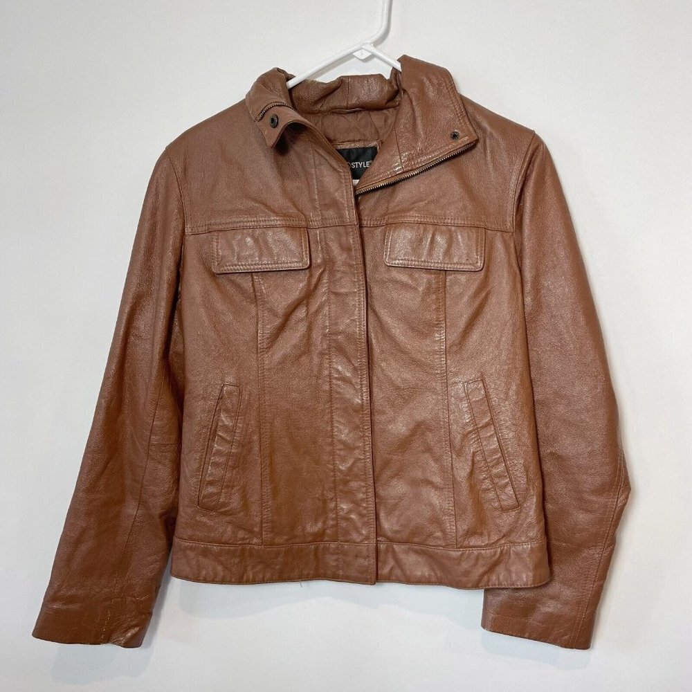 Metro Style Womens Vintage Full‎ Zip Leather Moto Jacket Brown XS Lined 80s 70s